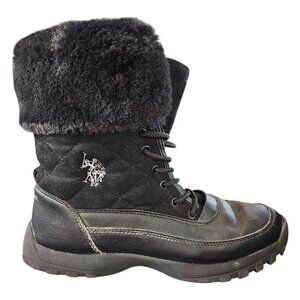 U.S. Polo Assn. Womens Black Fur-Lined Winter Boots Size 8 Medium With Quilted U